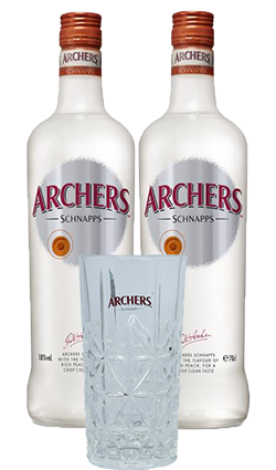Archers Peach Schnapps 700ml x 2 + Glass