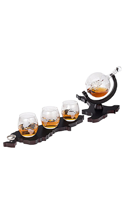 NZ Map Wooden Etched Globe Whisky Decanter Set + 3 Glasses (Limited Edition)