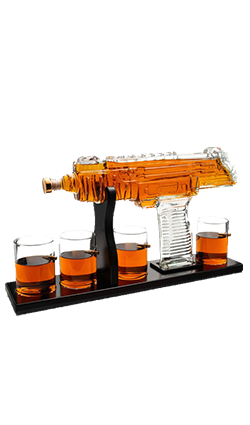 Uzi Submachine Gun Whiskey Decanter + 4 Glasses & Wooden Base